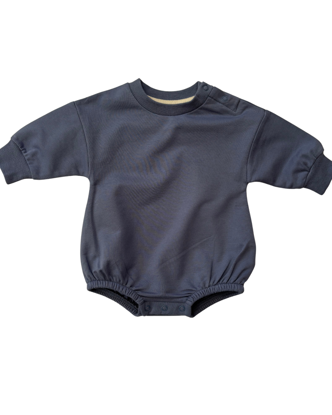 Navy blue baby romper on a white background